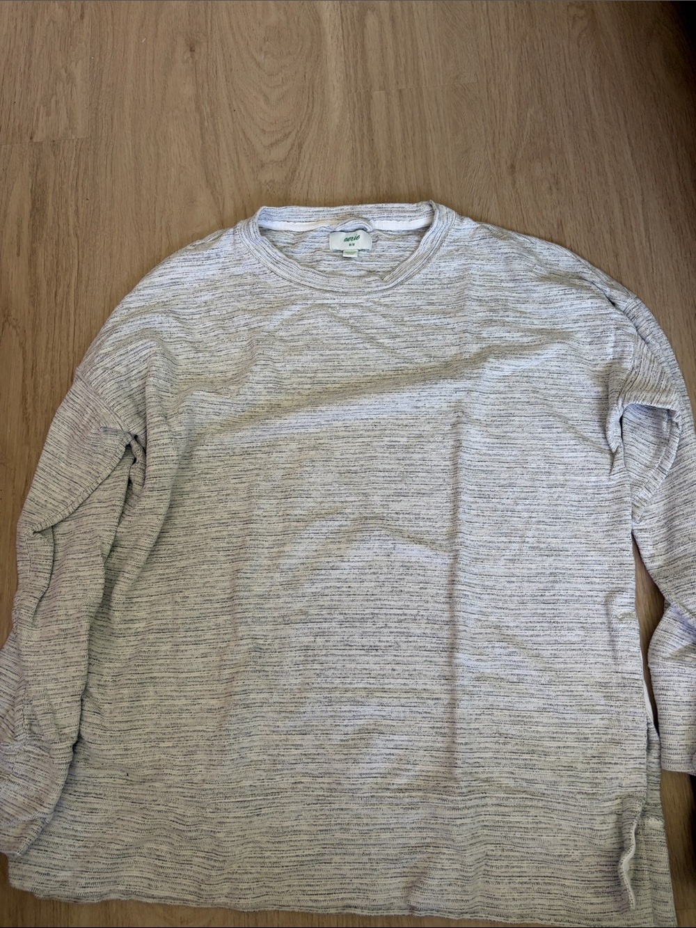 aerie Striped Heathered Crewneck Pullover in Light Gray and White